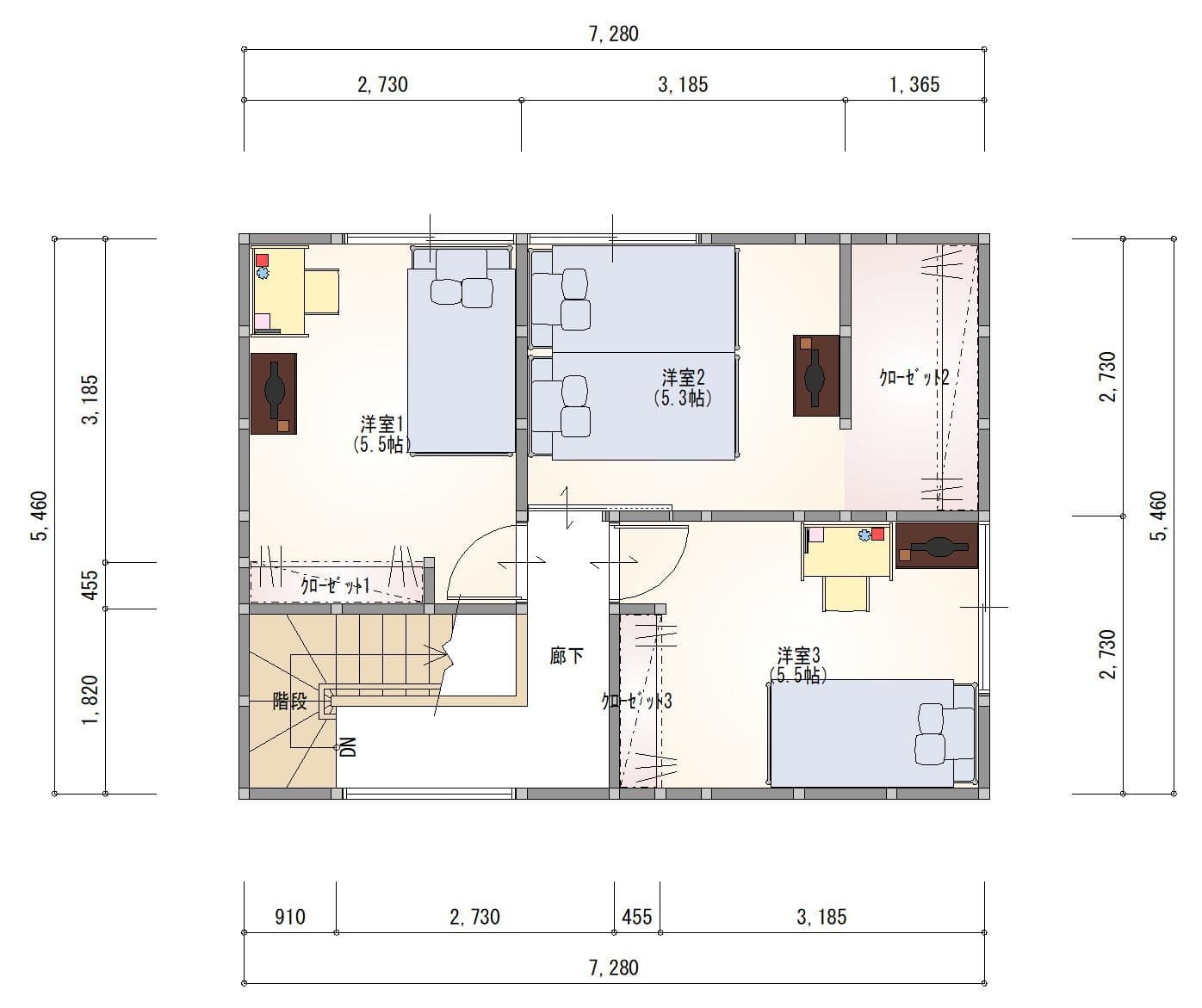 2階建て 3LDKの間取り 2階