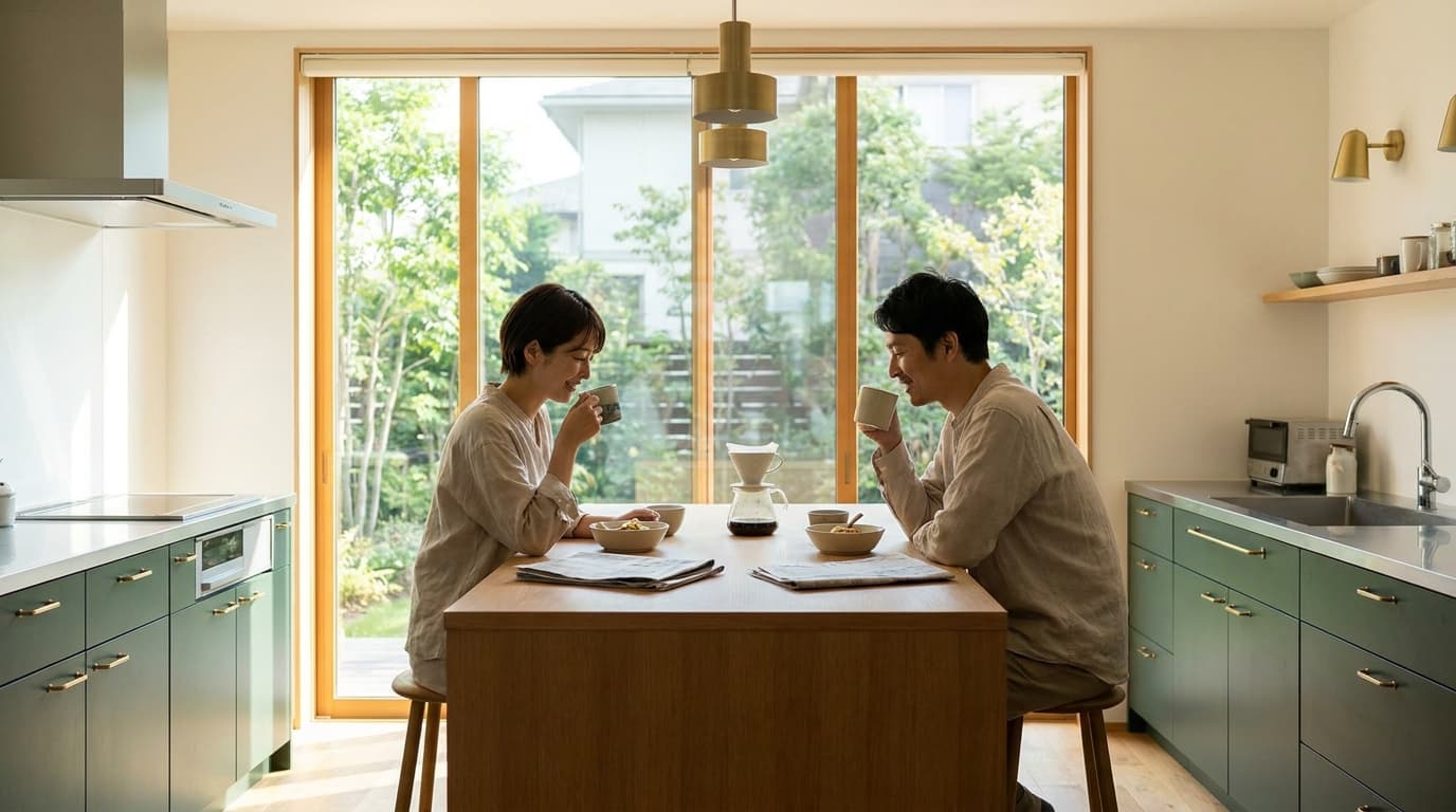 朝の自然光が入るキッチンで過ごす二人の暮らしのイメージ